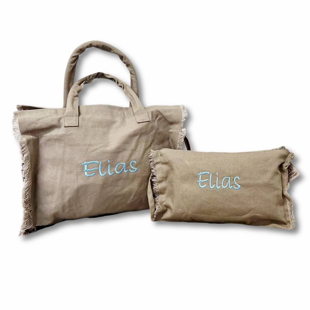 Set Borsa mare + pochette frange tortora personalizzate