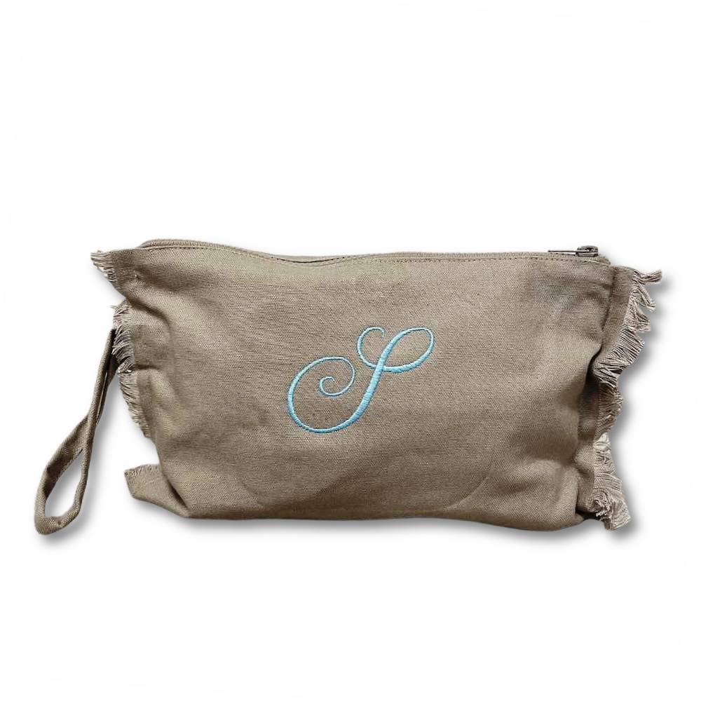 Set Borsa mare + pochette frange tortora personalizzate