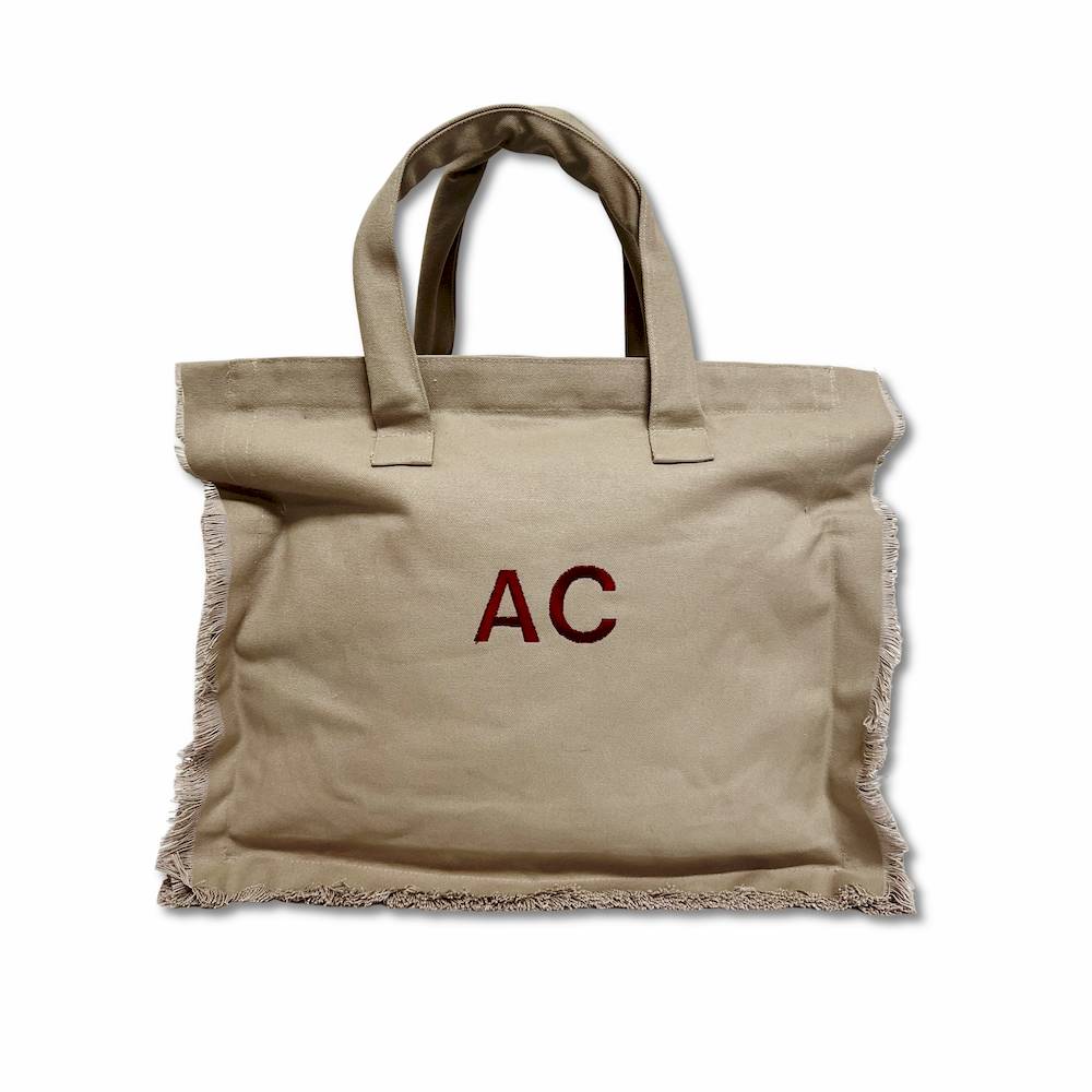 Set Borsa mare + pochette frange tortora personalizzate