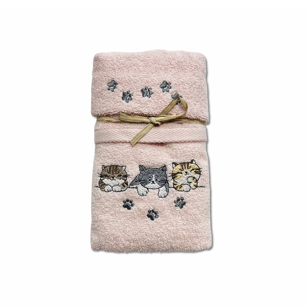 Coppia asciugamani ricamati Tre gattini rosa