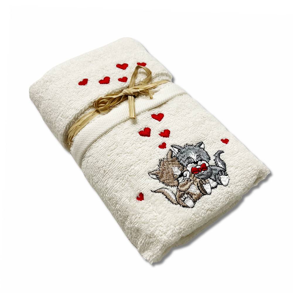 Coppia asciugamani Gatti innamorati panna