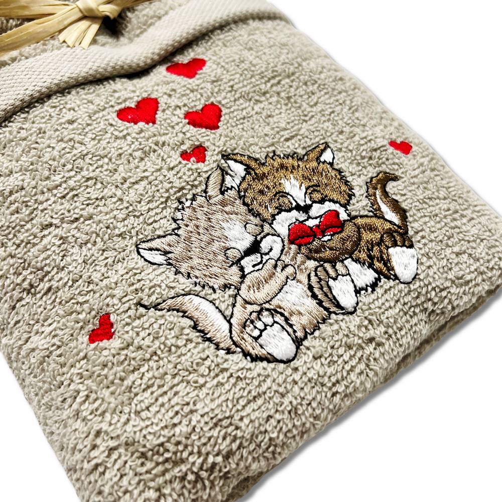 Coppia asciugamani Gatti innamorati tortora