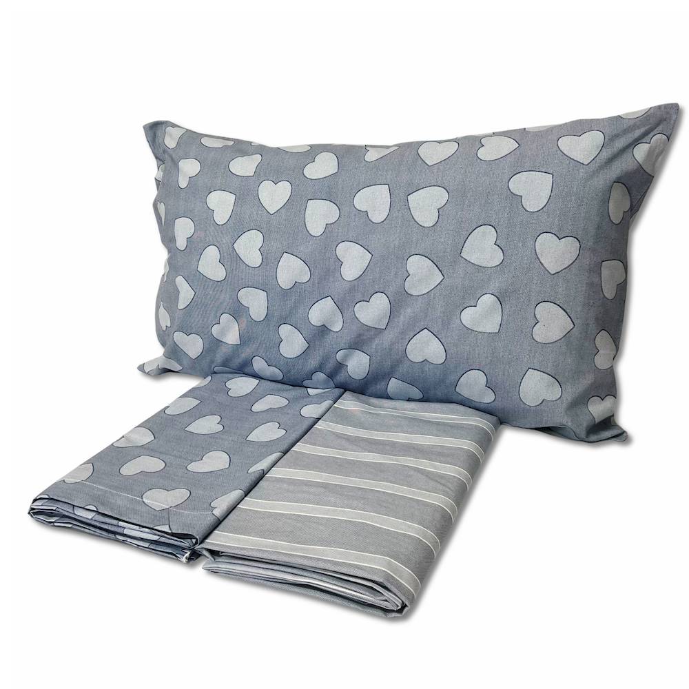 Completo Lenzuola Dream cuoricini e righe azzurro piazza e mezzo