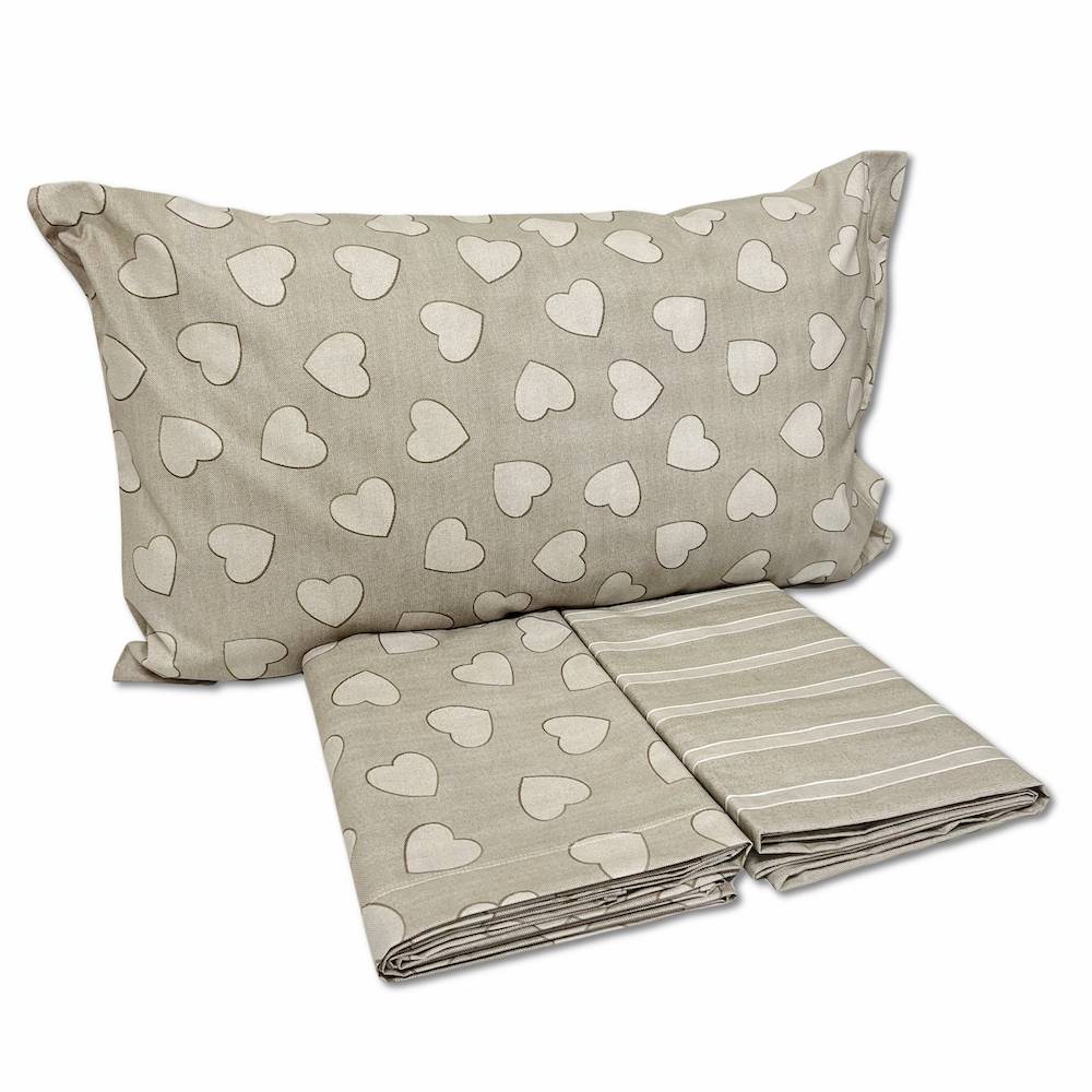Completo Lenzuola Dream cuoricini e righe tortora singolo
