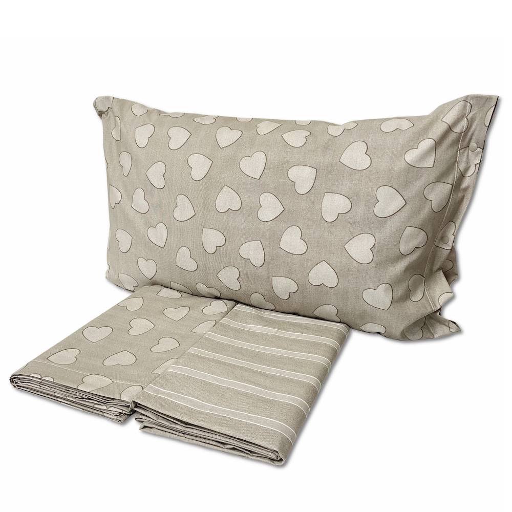 Completo Lenzuola Dream cuoricini e righe tortora singolo