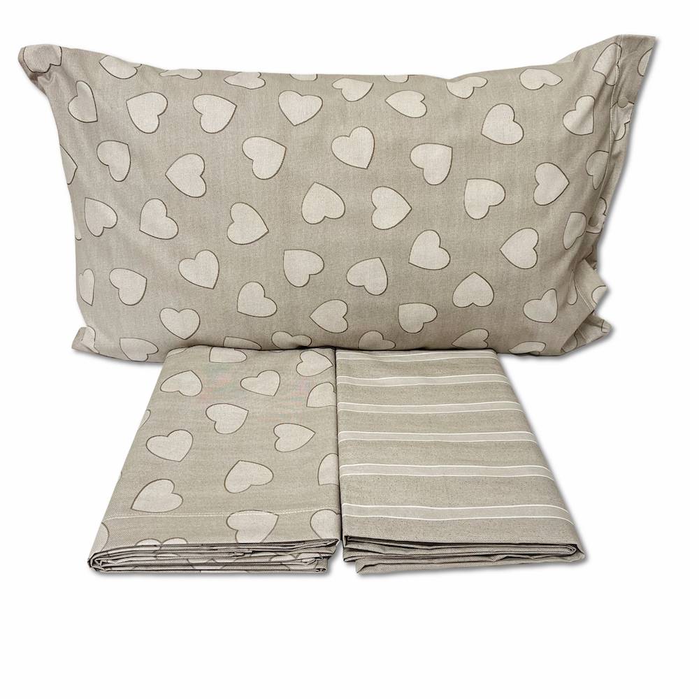 Completo Lenzuola Dream cuoricini e righe tortora singolo