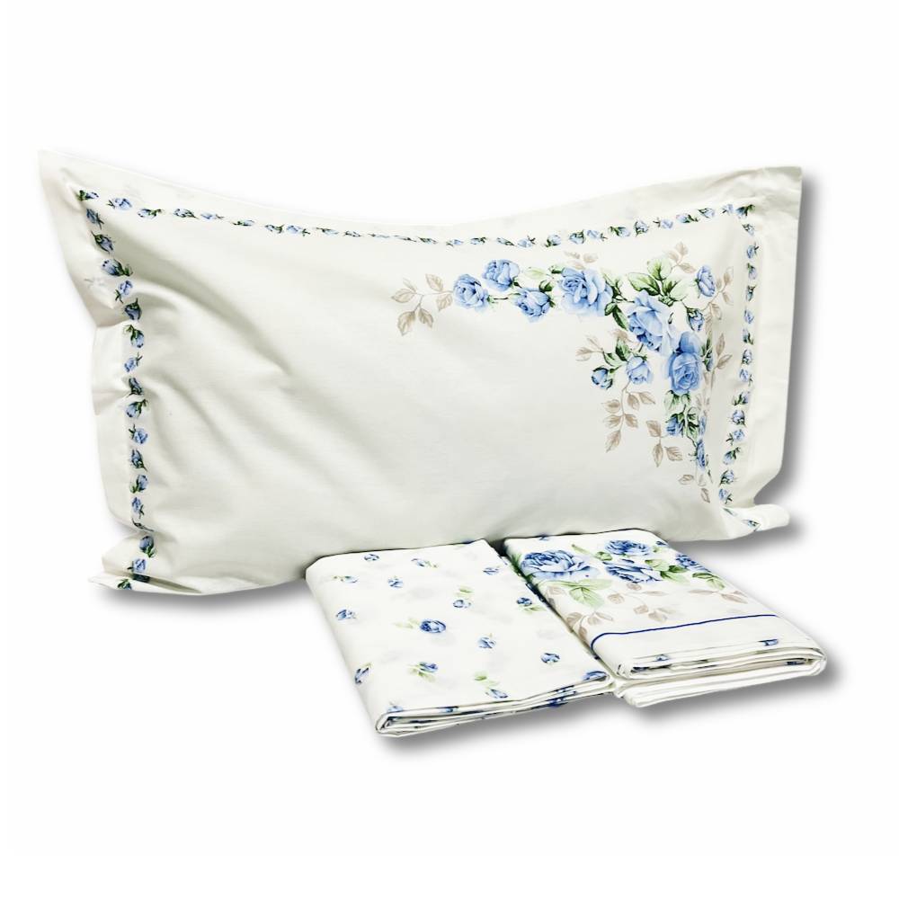 Completo Lenzuola Cloe rose azzurre matrimoniale