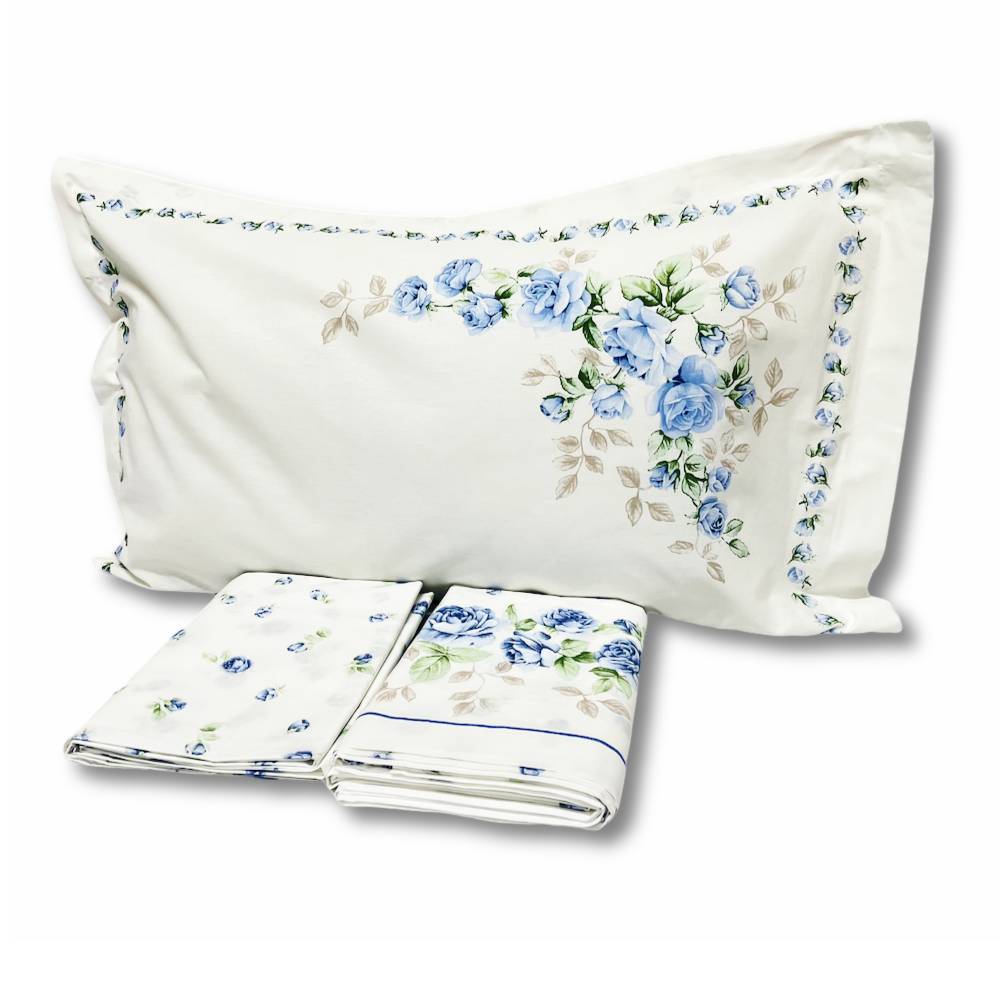 Completo Lenzuola Cloe rose azzurre matrimoniale