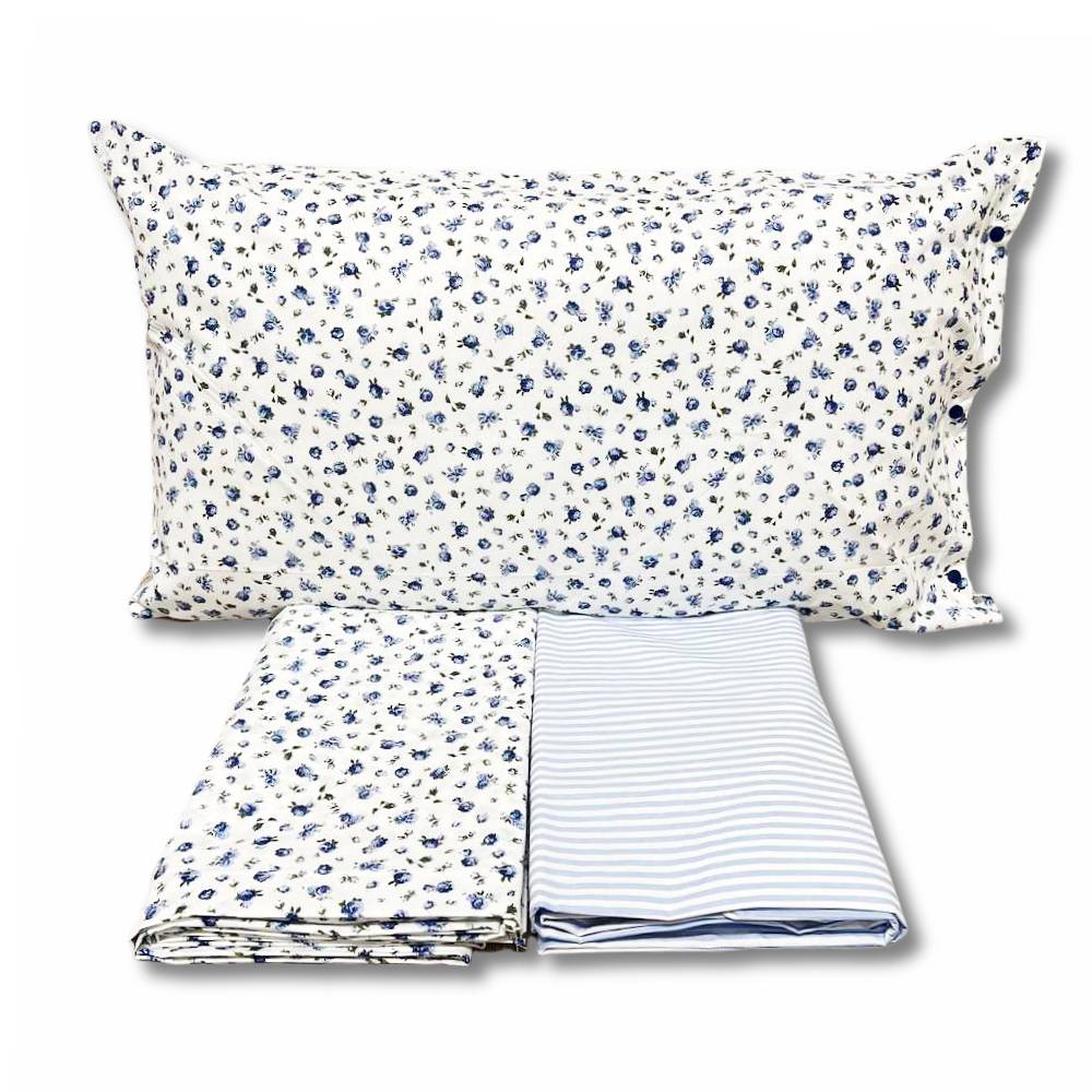 Completo Lenzuola Emy roselline azzurre Piazza e mezzo