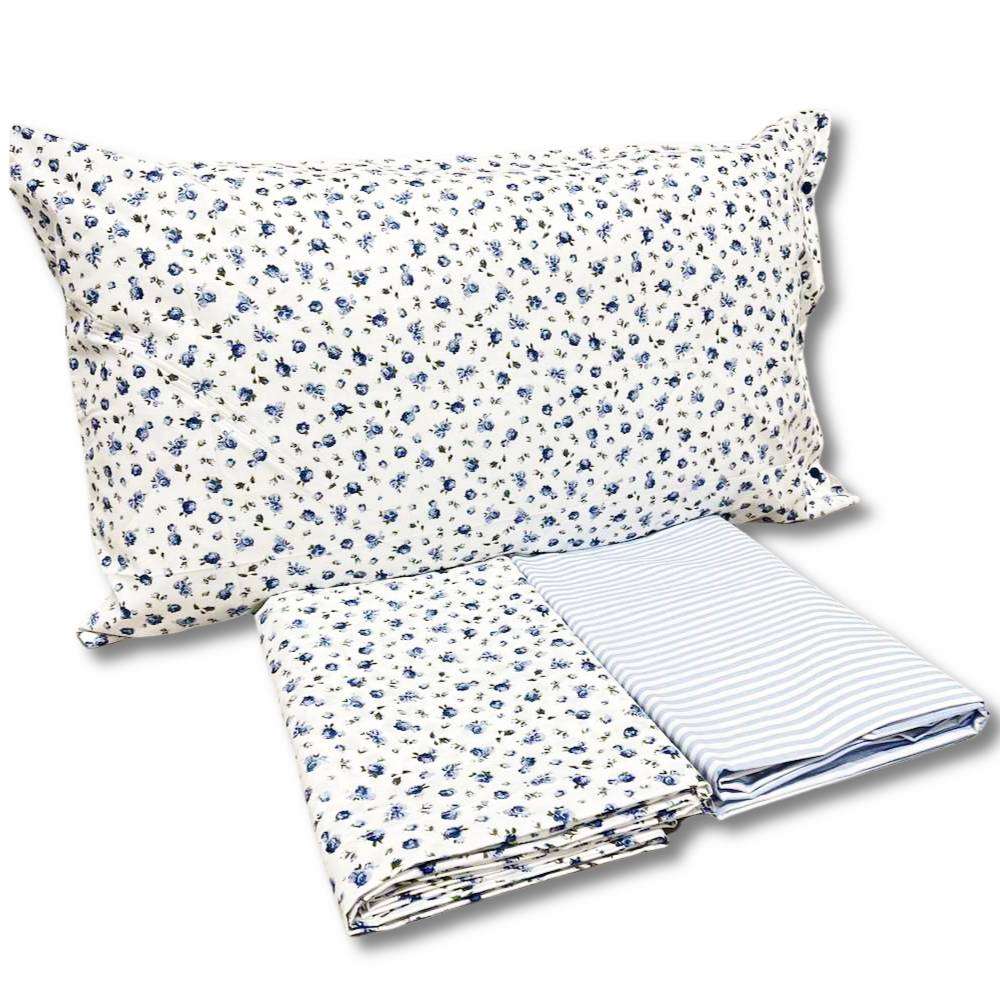 Completo Lenzuola Emy roselline azzurre Piazza e mezzo