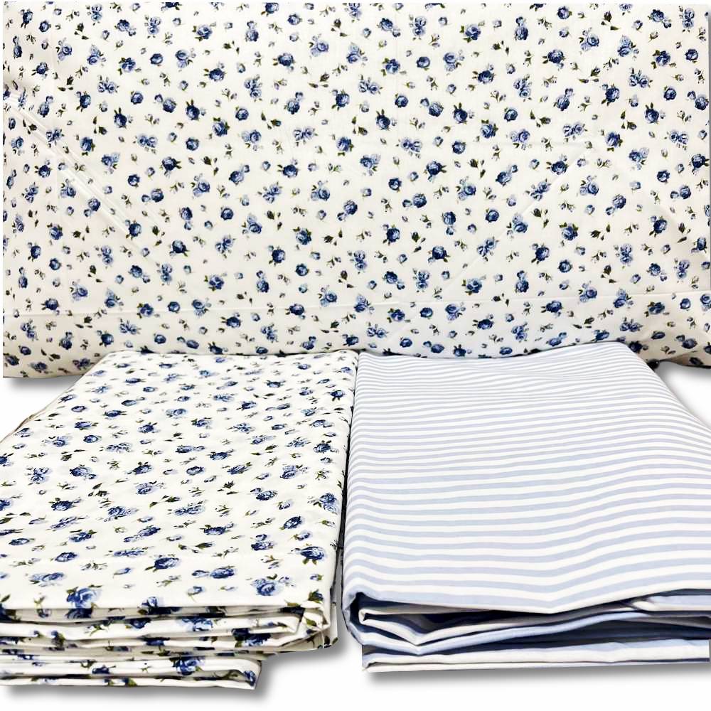 Completo Lenzuola Emy roselline azzurre Piazza e mezzo