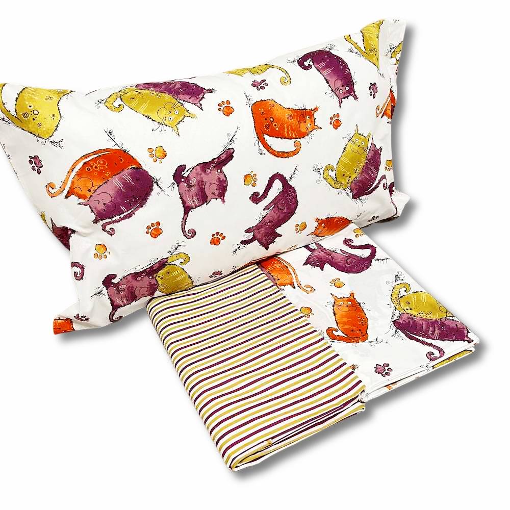 Completo Lenzuola Gattoni arancioni matrimoniale