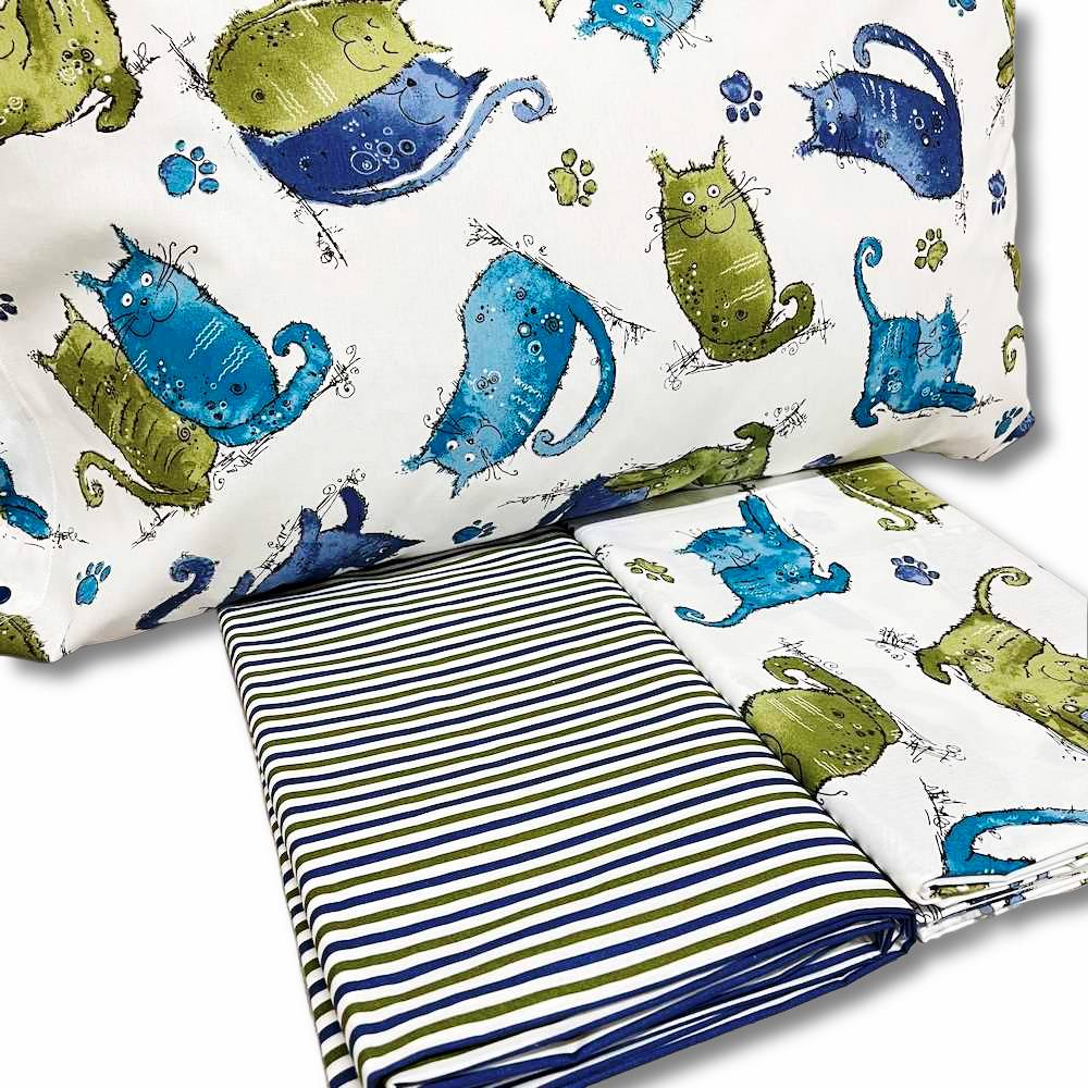 Completo Lenzuola Gattoni blu matrimoniale