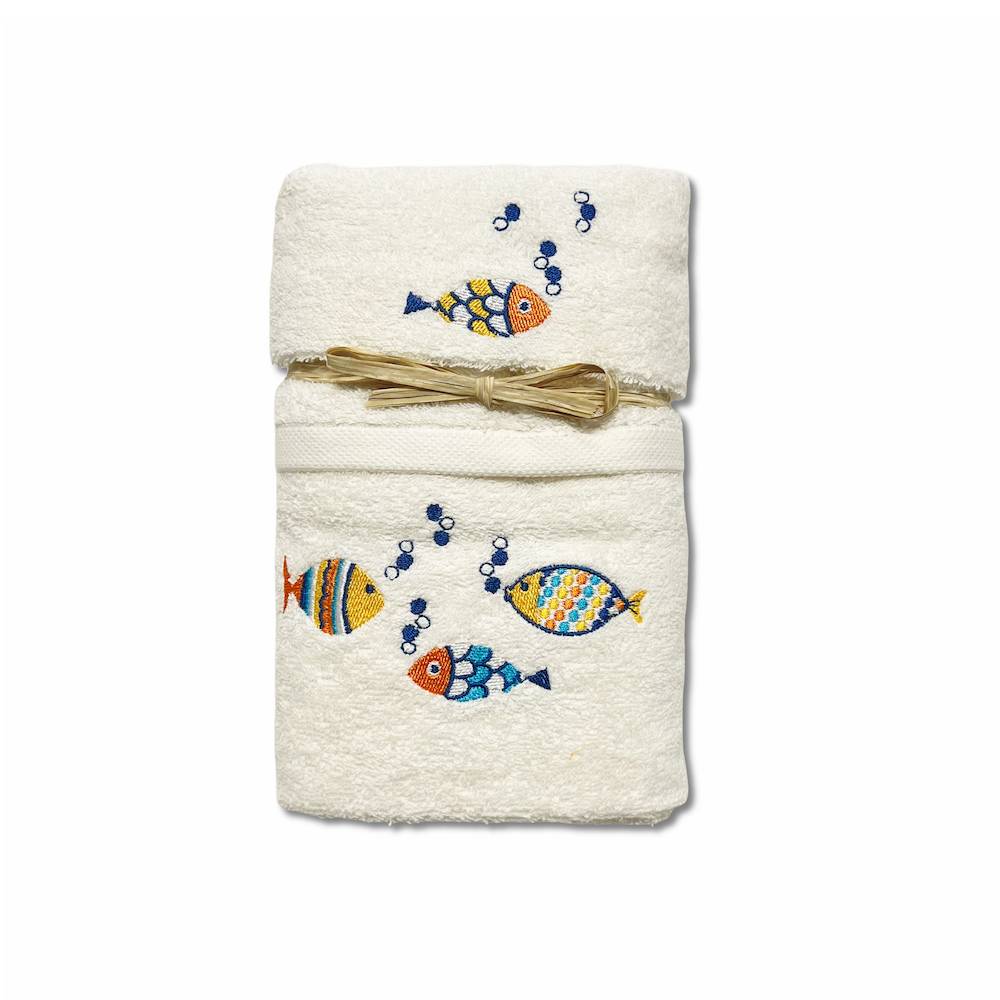 Coppia asciugamani pesciolini arcobaleno ricamati panna