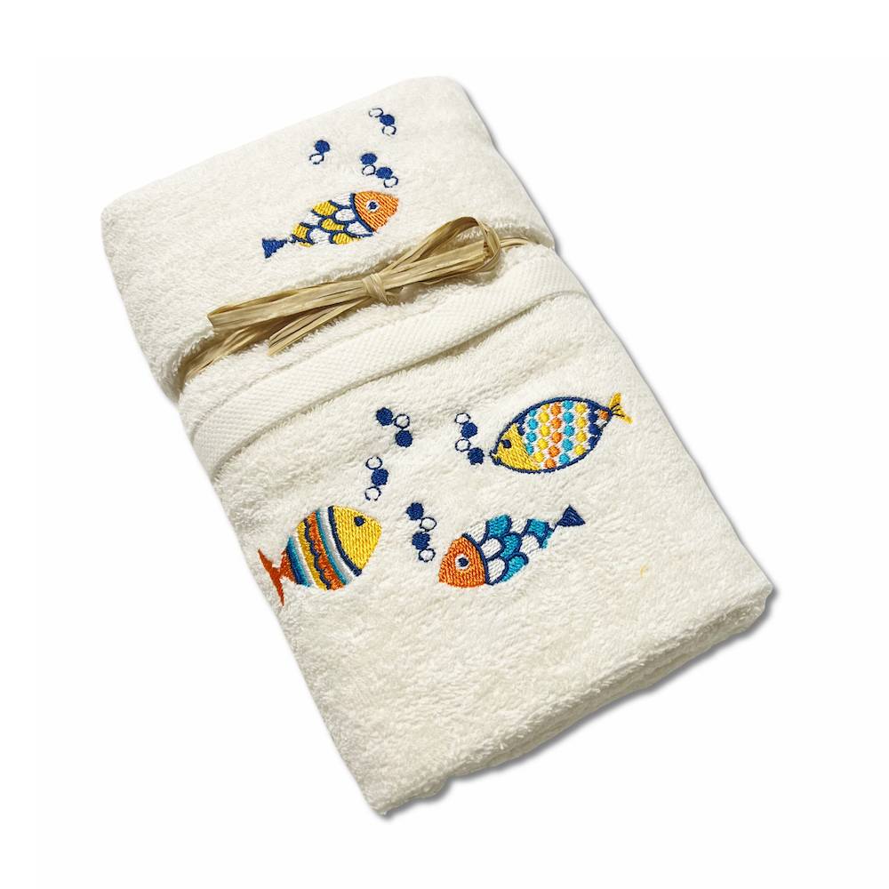 Coppia asciugamani pesciolini arcobaleno ricamati panna