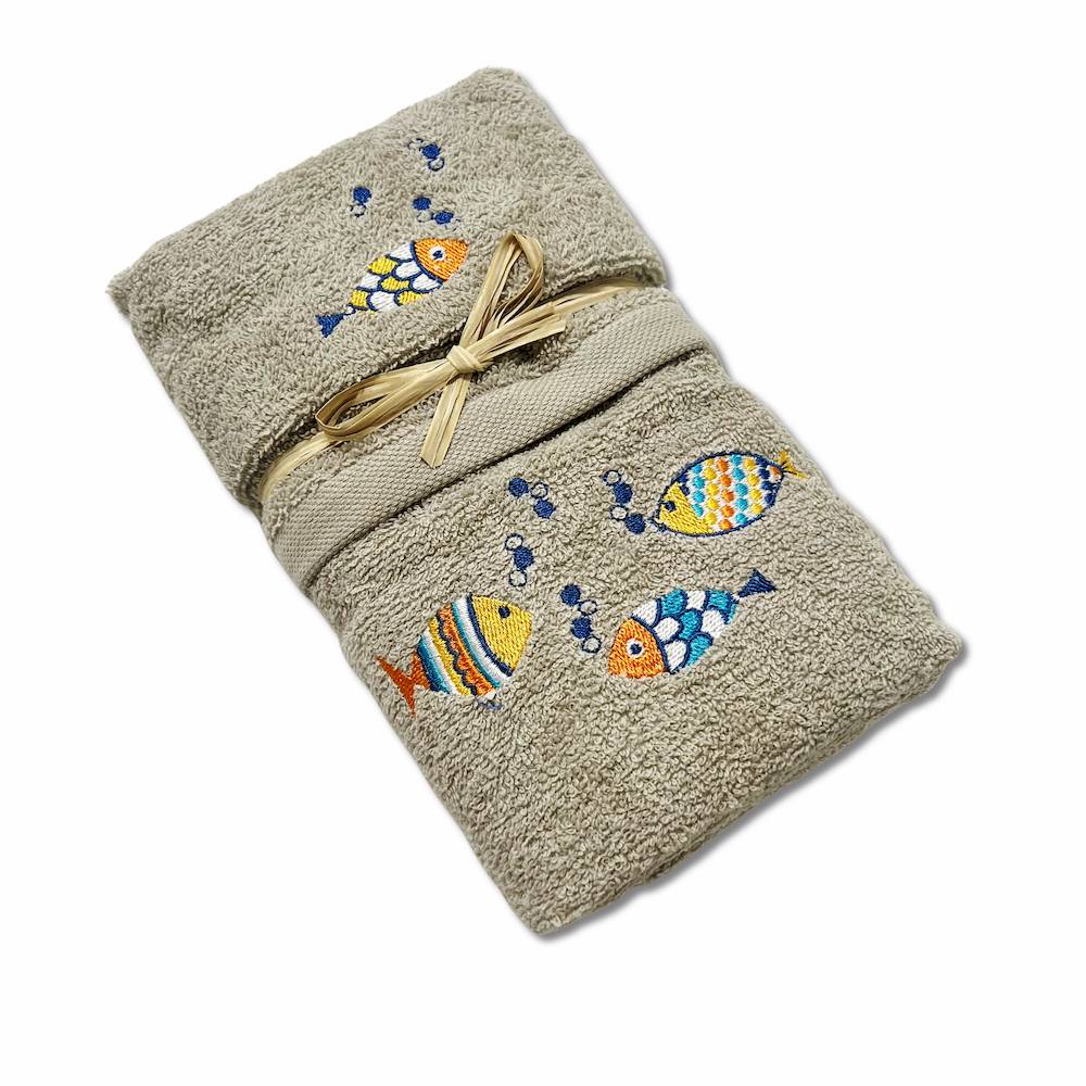 Coppia asciugamani pesciolini arcobaleno ricamati tortora