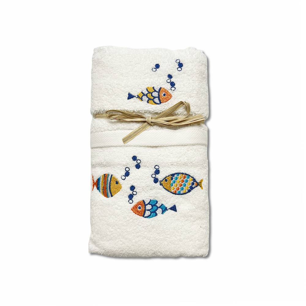 Coppia asciugamani pesciolini arcobaleno ricamati bianchi