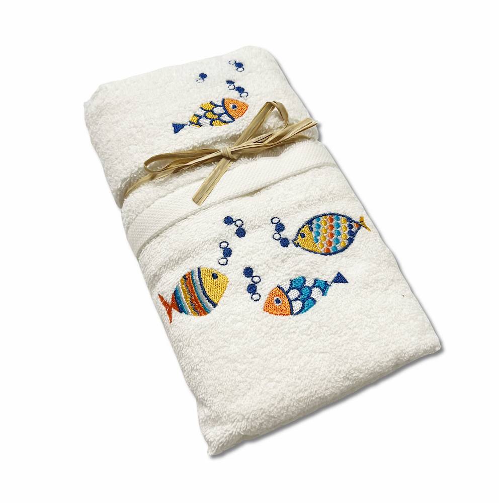 Coppia asciugamani pesciolini arcobaleno ricamati bianchi