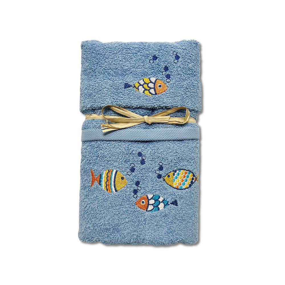 Coppia asciugamani pesciolini arcobaleno ricamati azzurri
