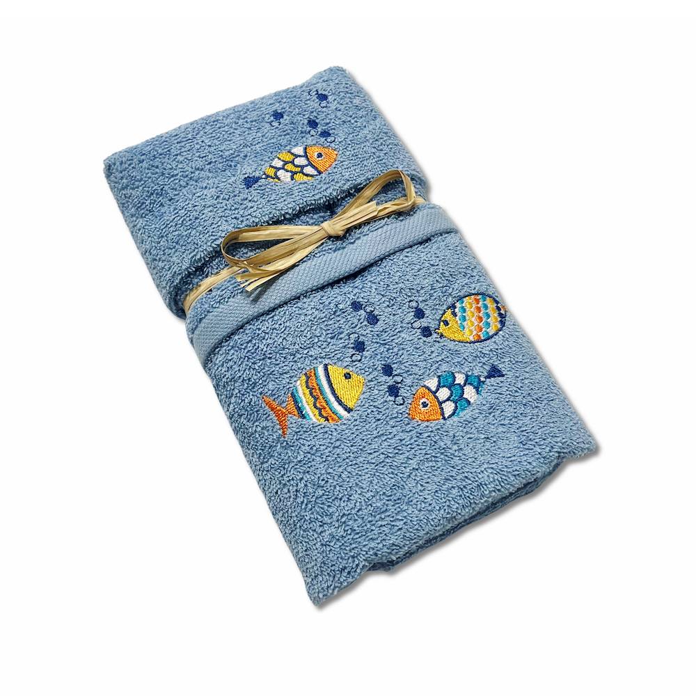 Coppia asciugamani pesciolini arcobaleno ricamati azzurri