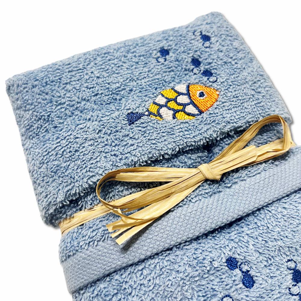 Coppia asciugamani pesciolini arcobaleno ricamati azzurri