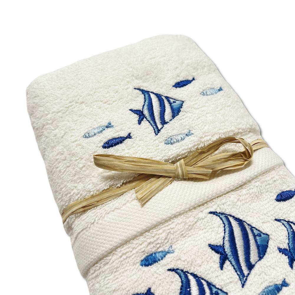 Coppia asciugamani starfish ricamati blu