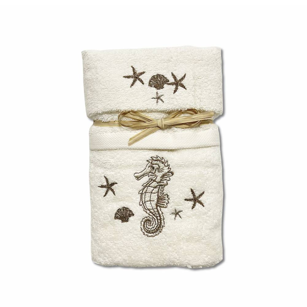 Coppia asciugamani ricamati cavallucci marini tortora fondo panna