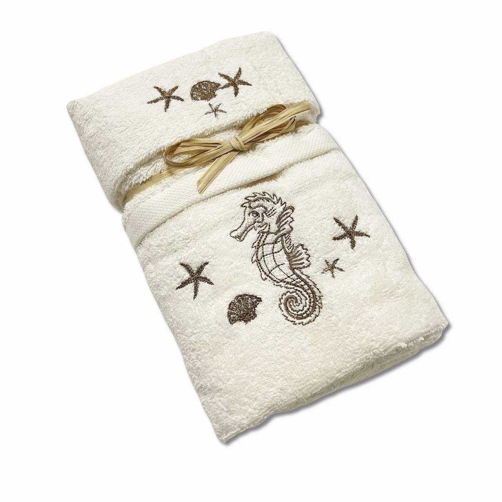 Coppia asciugamani ricamati cavallucci marini tortora fondo panna