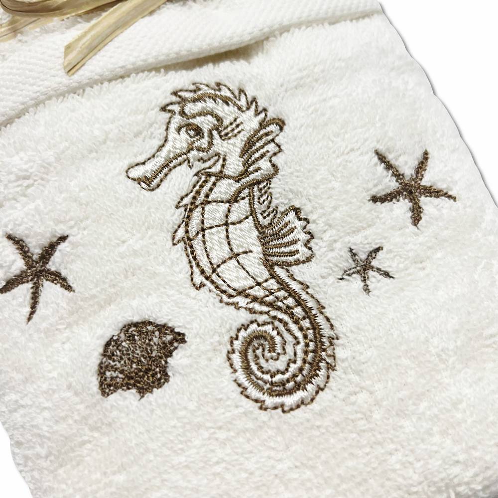 Coppia asciugamani ricamati cavallucci marini tortora fondo panna