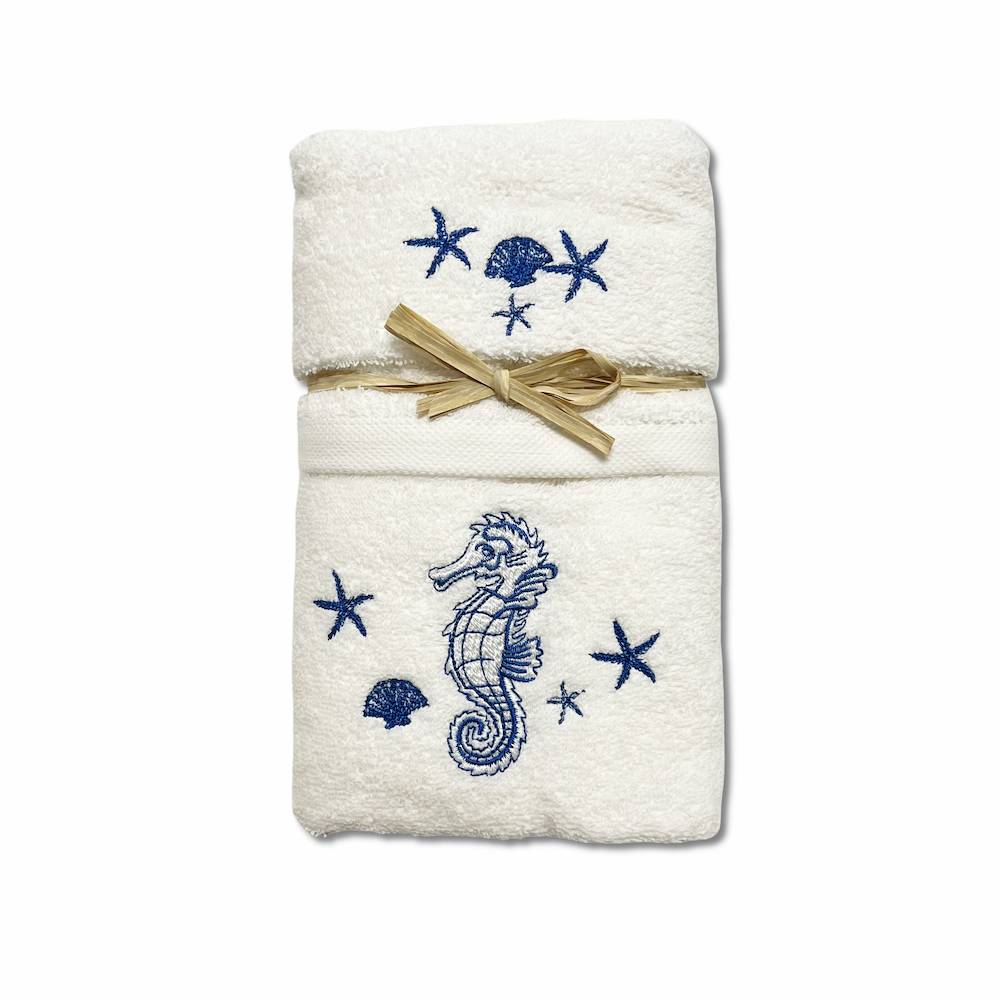 Coppia asciugamani ricamati cavallucci marini blu fondo bianco