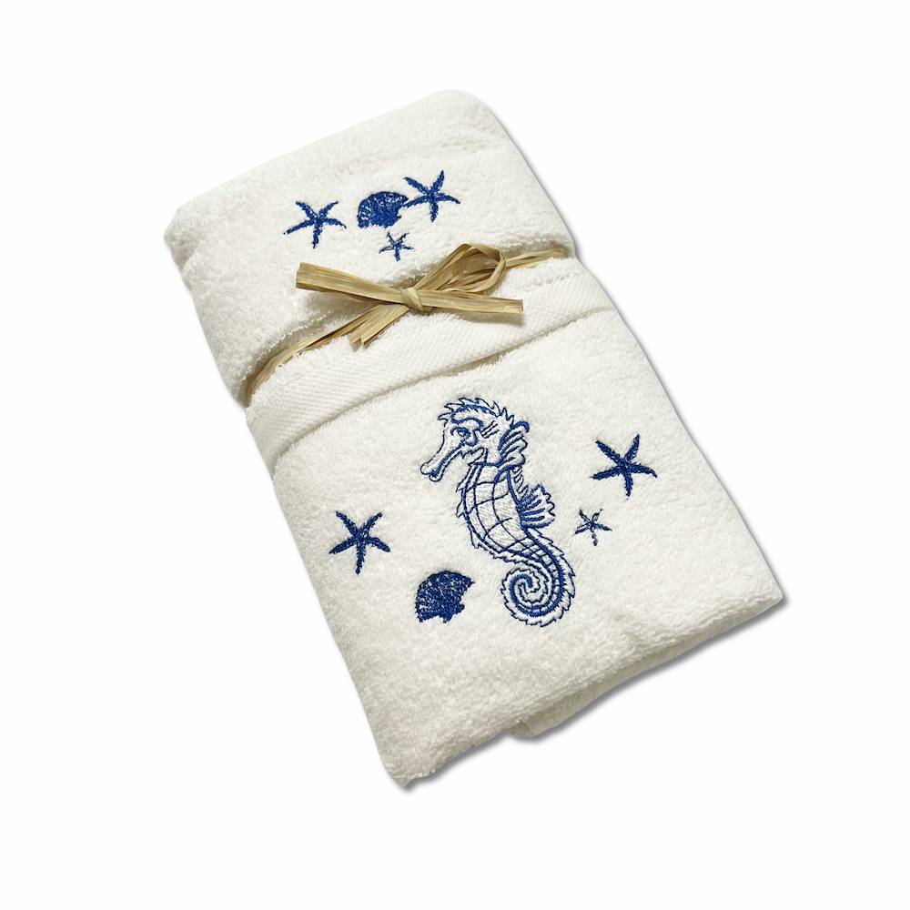 Coppia asciugamani ricamati cavallucci marini blu fondo bianco