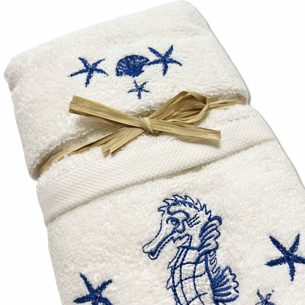 Coppia asciugamani ricamati cavallucci marini blu fondo bianco