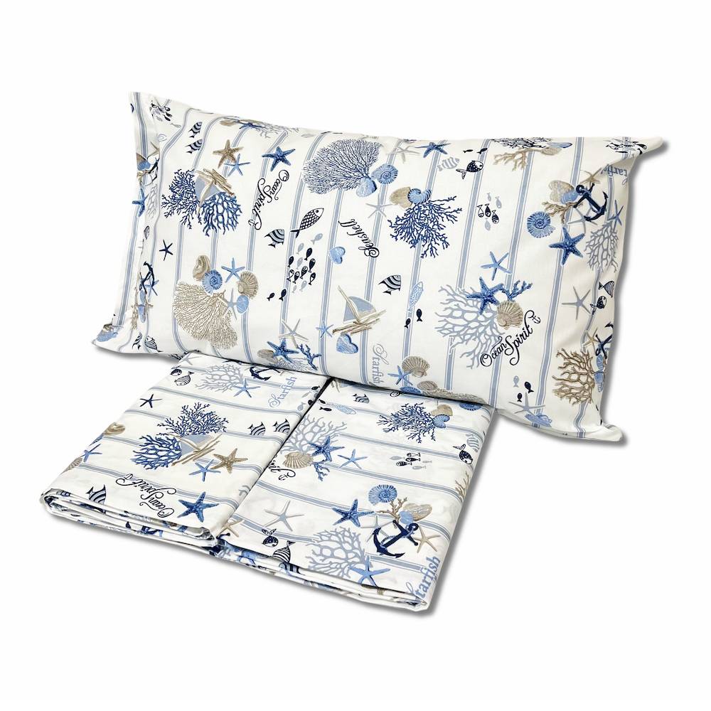 Completo Lenzuola Oceano rigato blu bianco piazza e mezzo