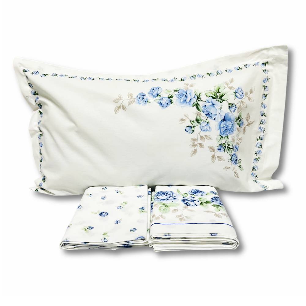 Completo Lenzuola Cloe rose azzurre piazza e mezzo