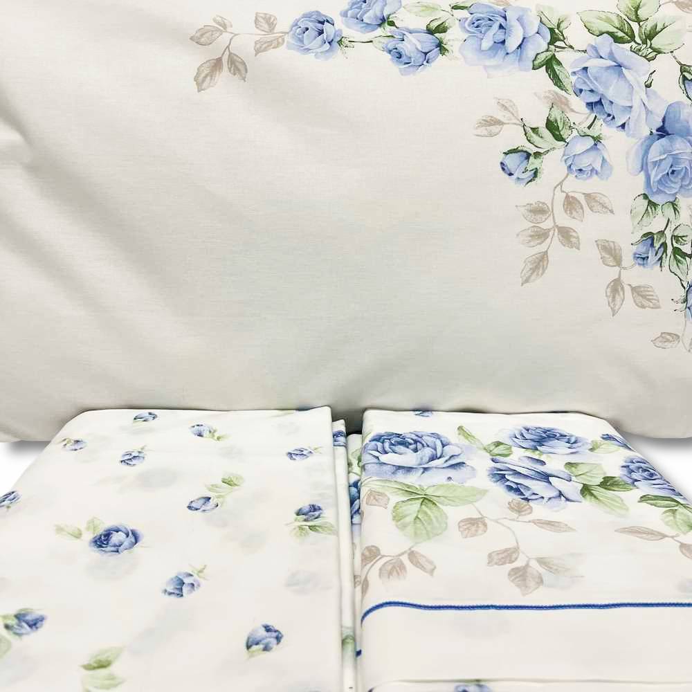Completo Lenzuola Cloe rose azzurre piazza e mezzo
