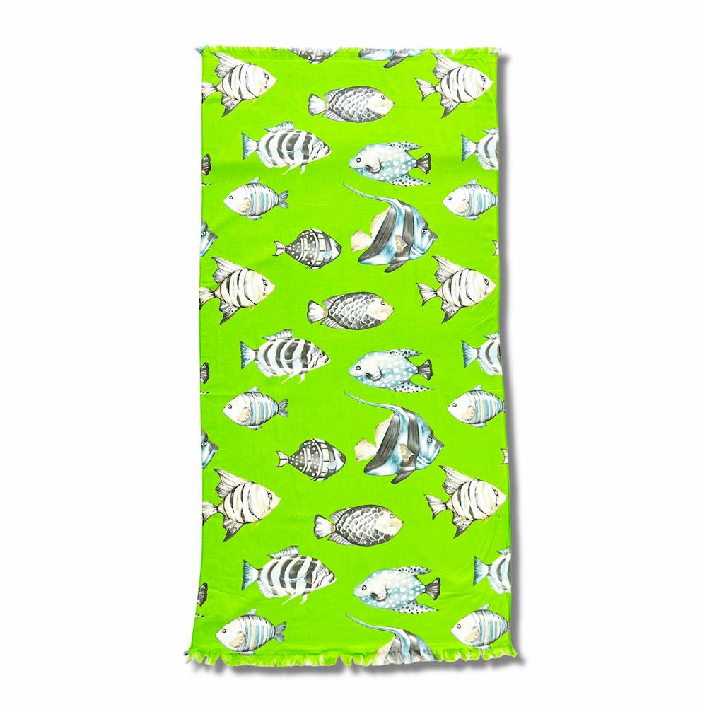 Fouta spugna e tessuto Oceano pesciolino verde menta 90 x 180