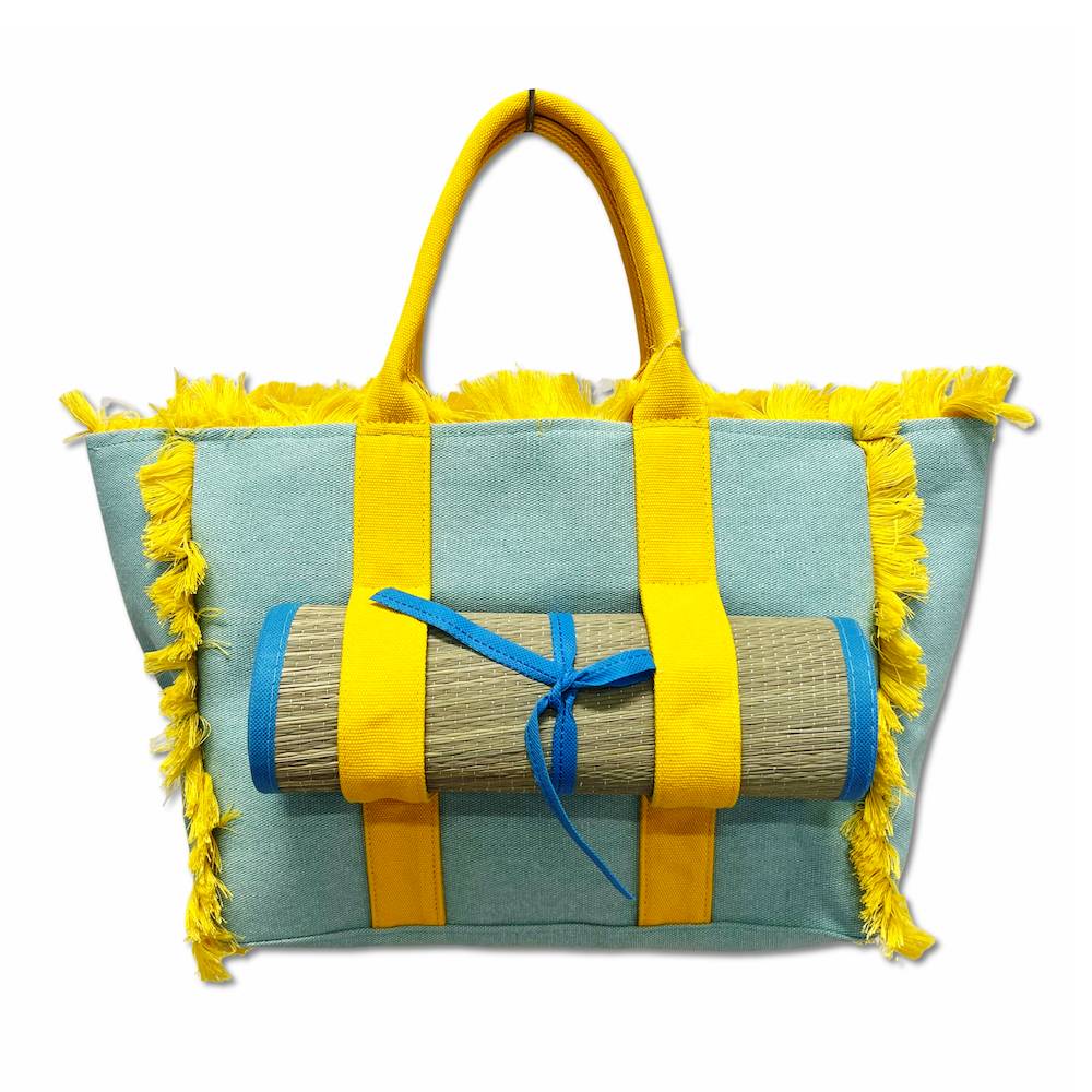 Borsa mare frange + stuoia gialla e azzurra