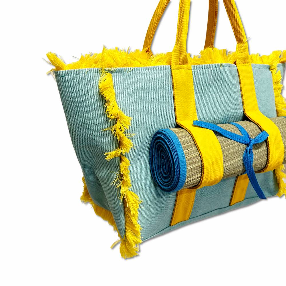 Borsa mare frange + stuoia gialla e azzurra