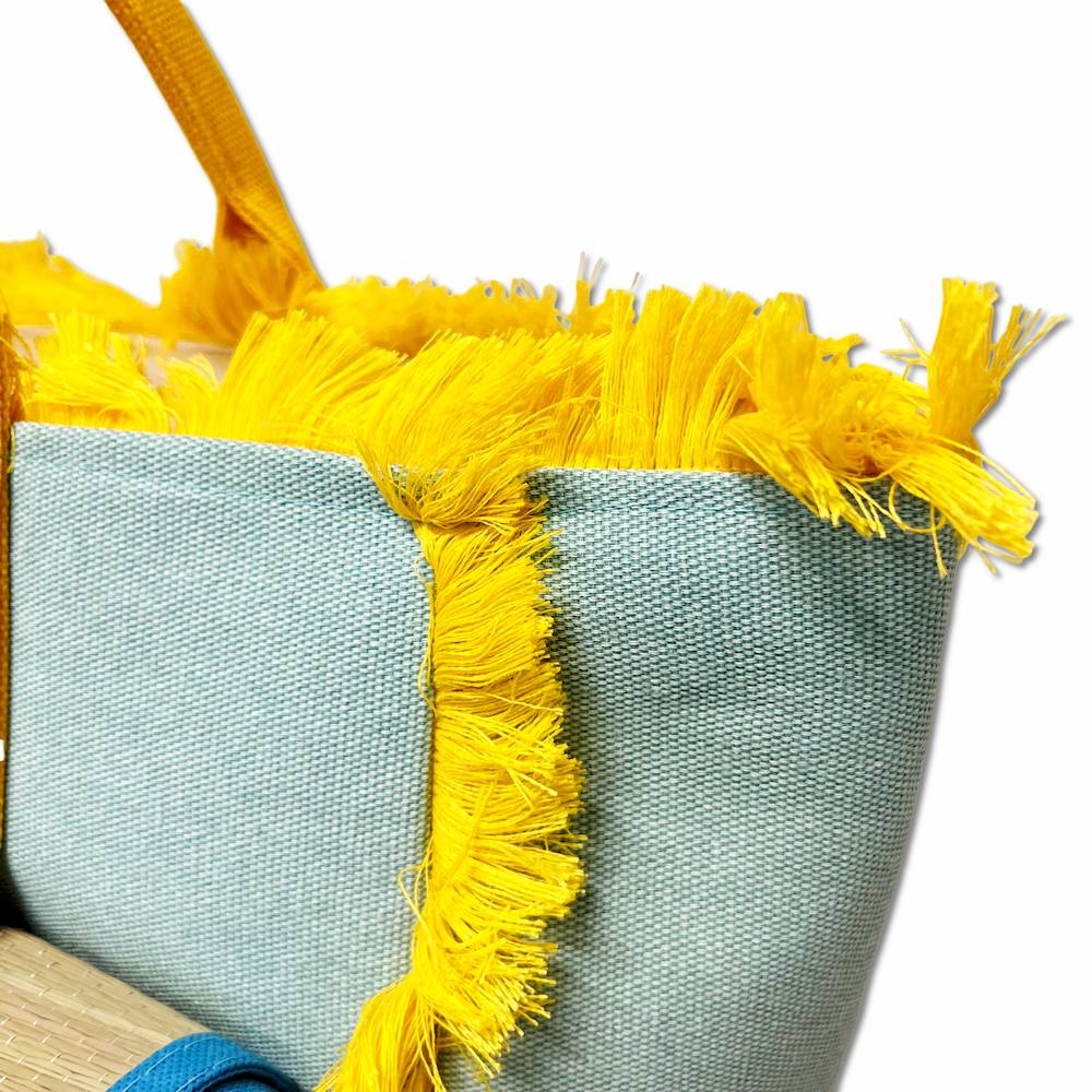 Borsa mare frange + stuoia gialla e azzurra