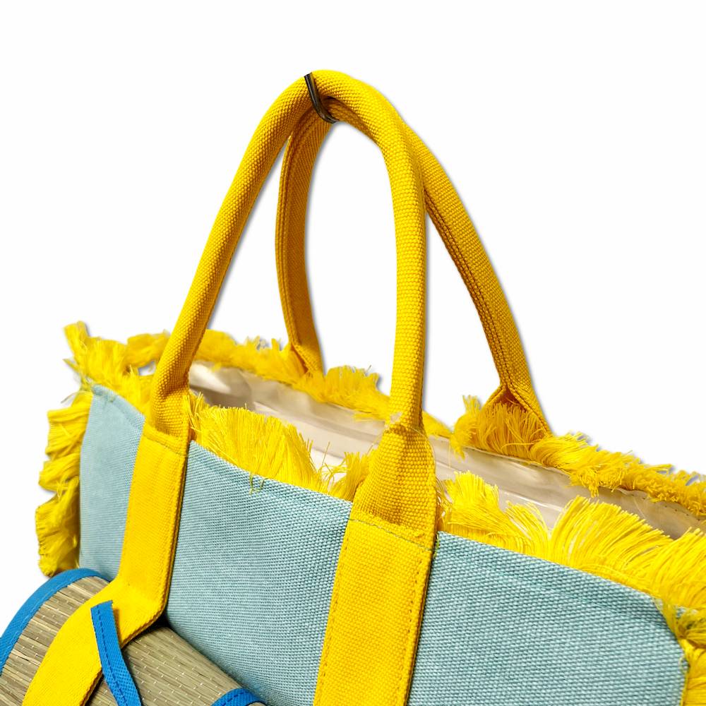 Borsa mare frange + stuoia gialla e azzurra