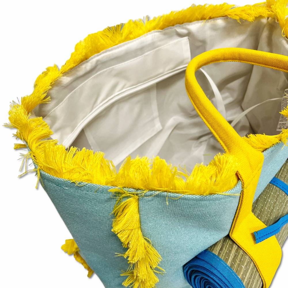 Borsa mare frange + stuoia gialla e azzurra