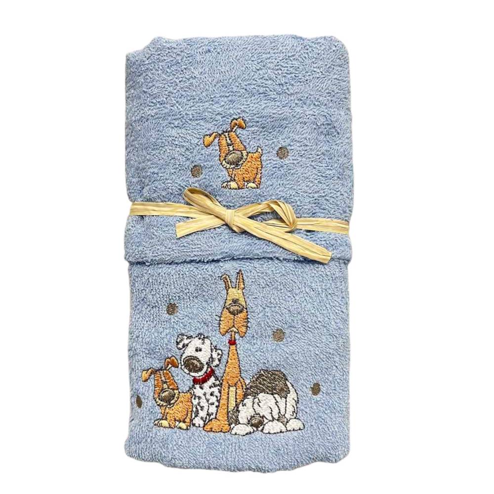 Coppia asciugamani Cani ricamati azzurro
