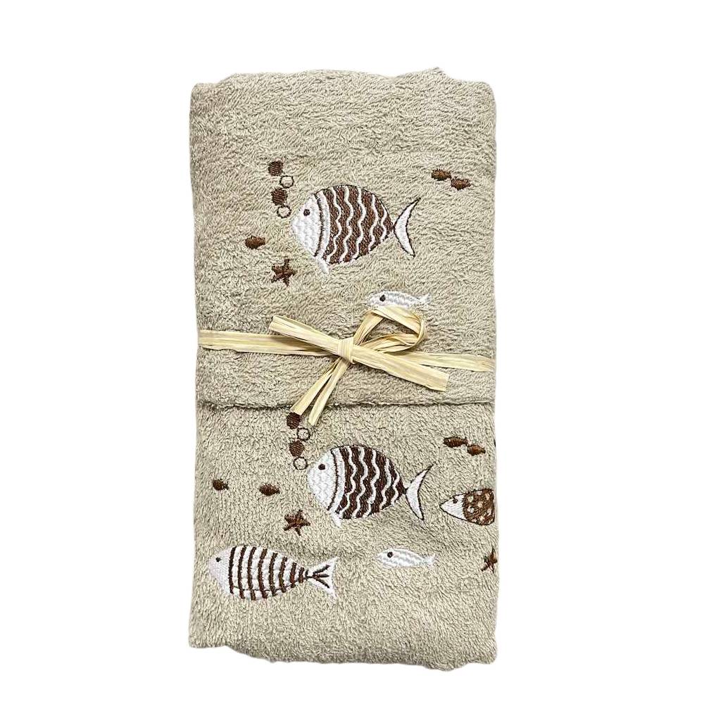 Coppia asciugamani pesciolini tortora ricamati fondo tortora