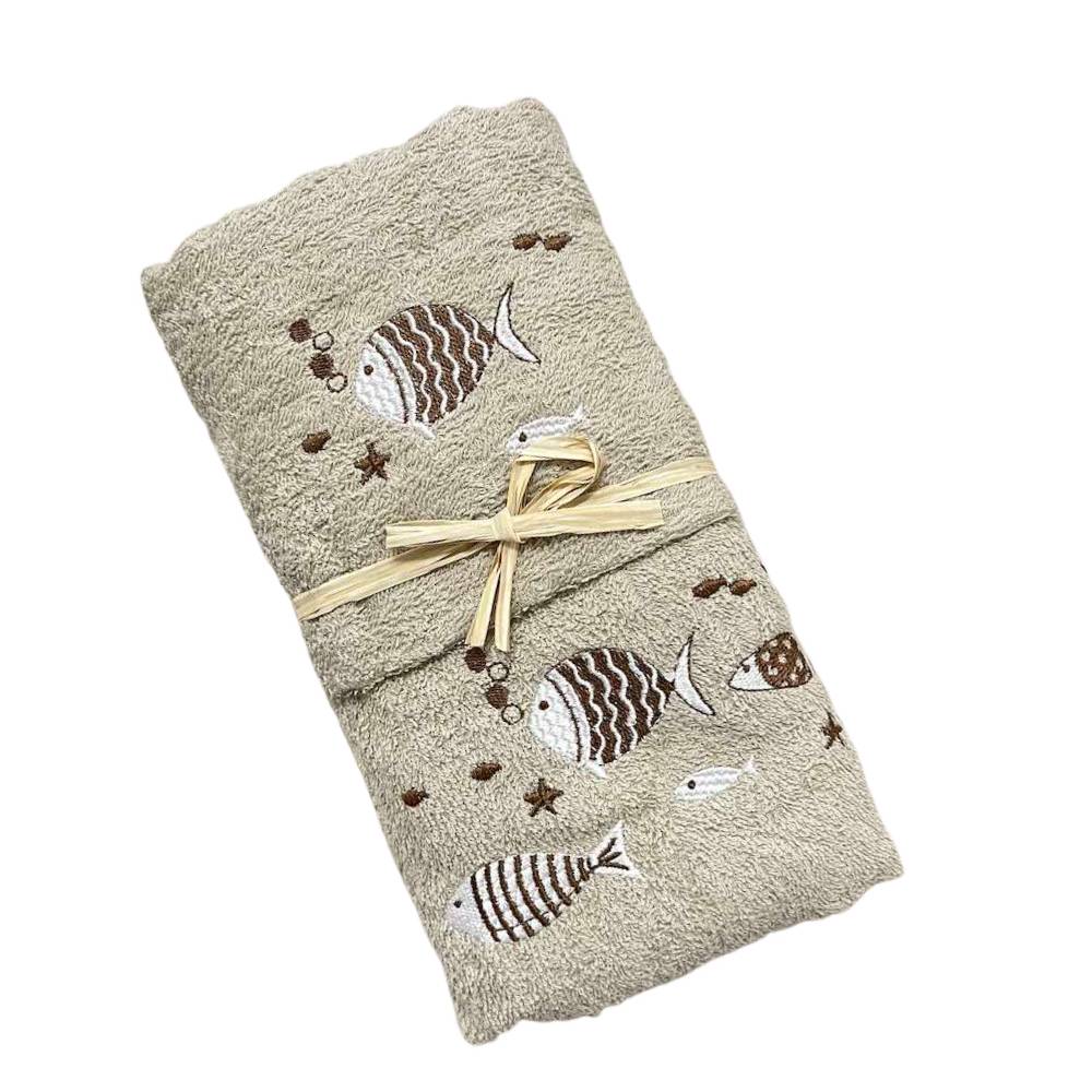 Coppia asciugamani pesciolini tortora ricamati fondo tortora