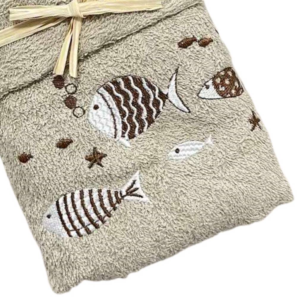 Coppia asciugamani pesciolini tortora ricamati fondo tortora