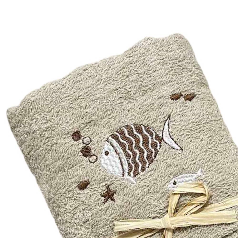 Coppia asciugamani pesciolini tortora ricamati fondo tortora