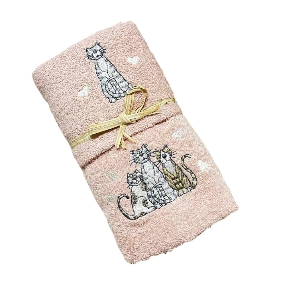 Coppia asciugamani Gatti ricamati rosa