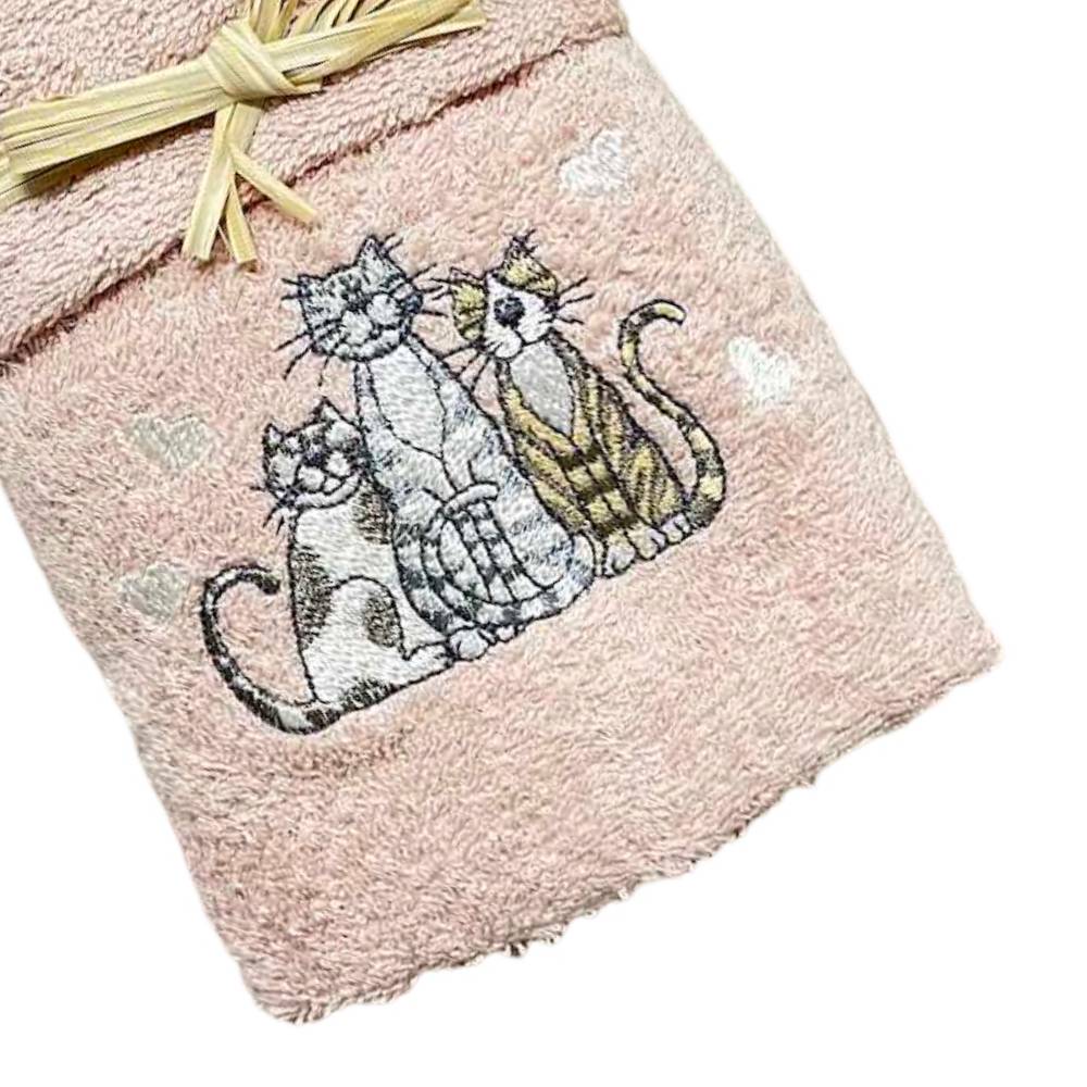 Coppia asciugamani Gatti ricamati rosa