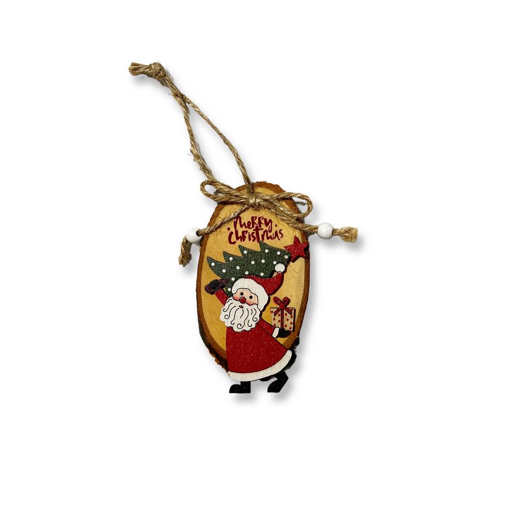 Pendente Babbo Natale albero e dono su Tronchetto in Legno verticale