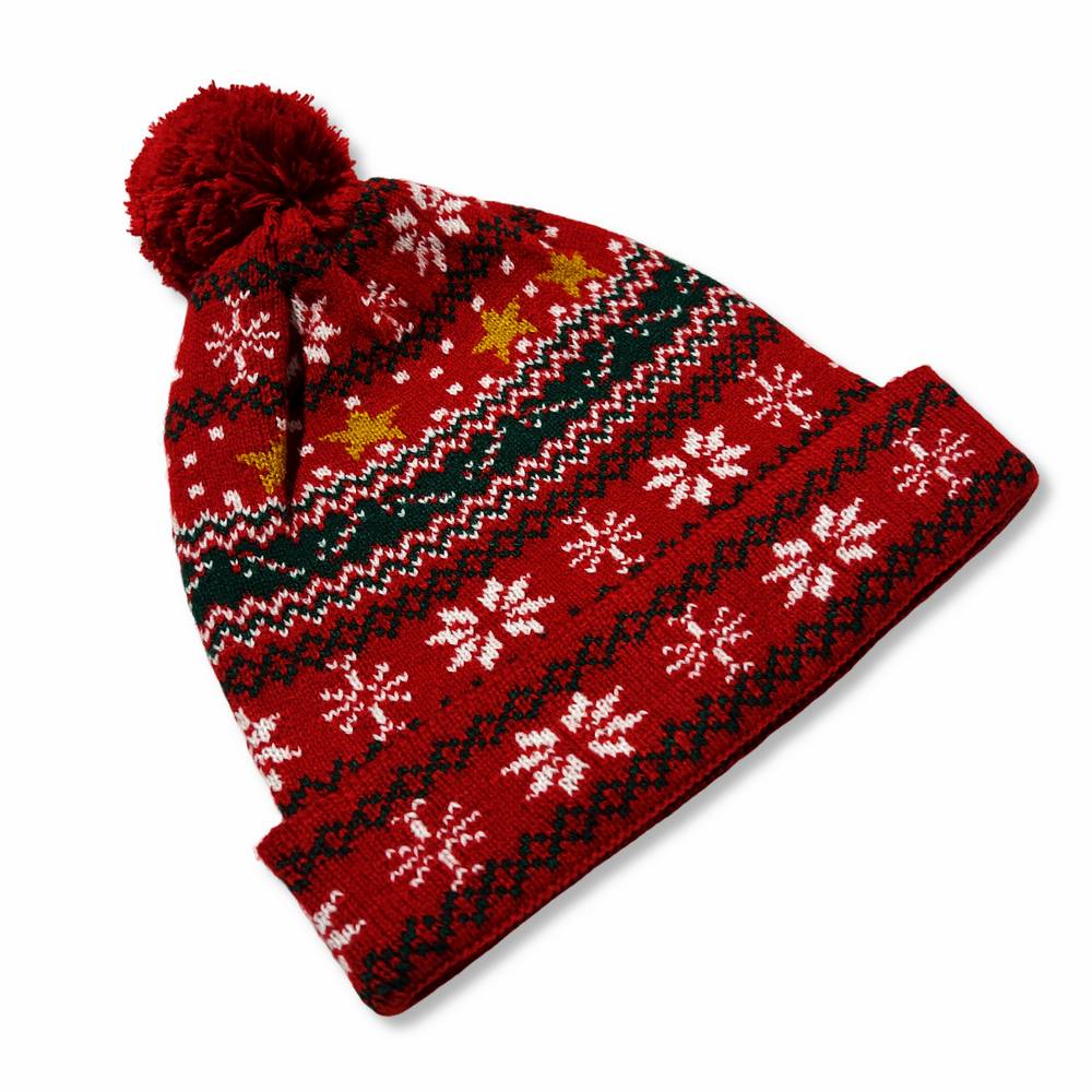 Cuffia Natalizia Christmas Fiocchi e Stelle con Pon Pon 